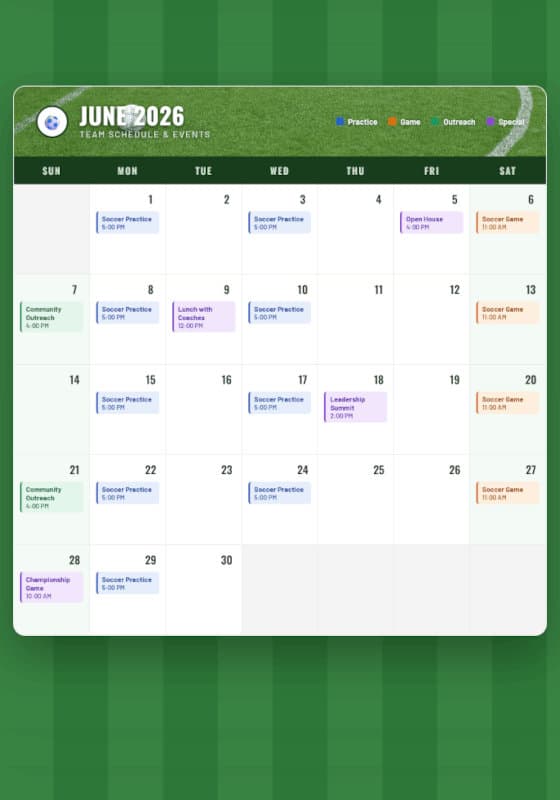 June soccer team schedule calendar